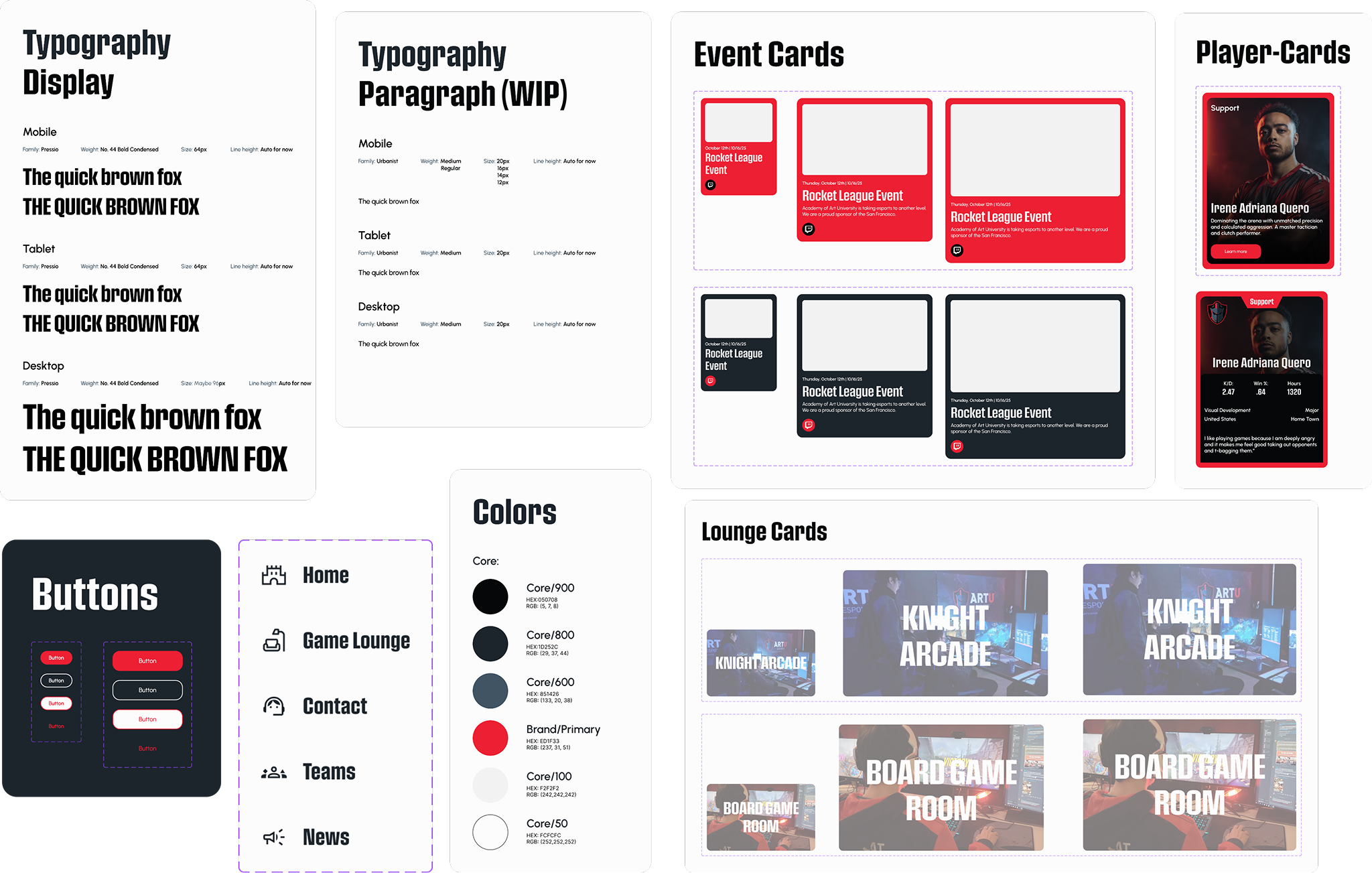 ArtU Esports design system style guide — typography, colors, buttons, navigation, event cards, player cards, and lounge cards