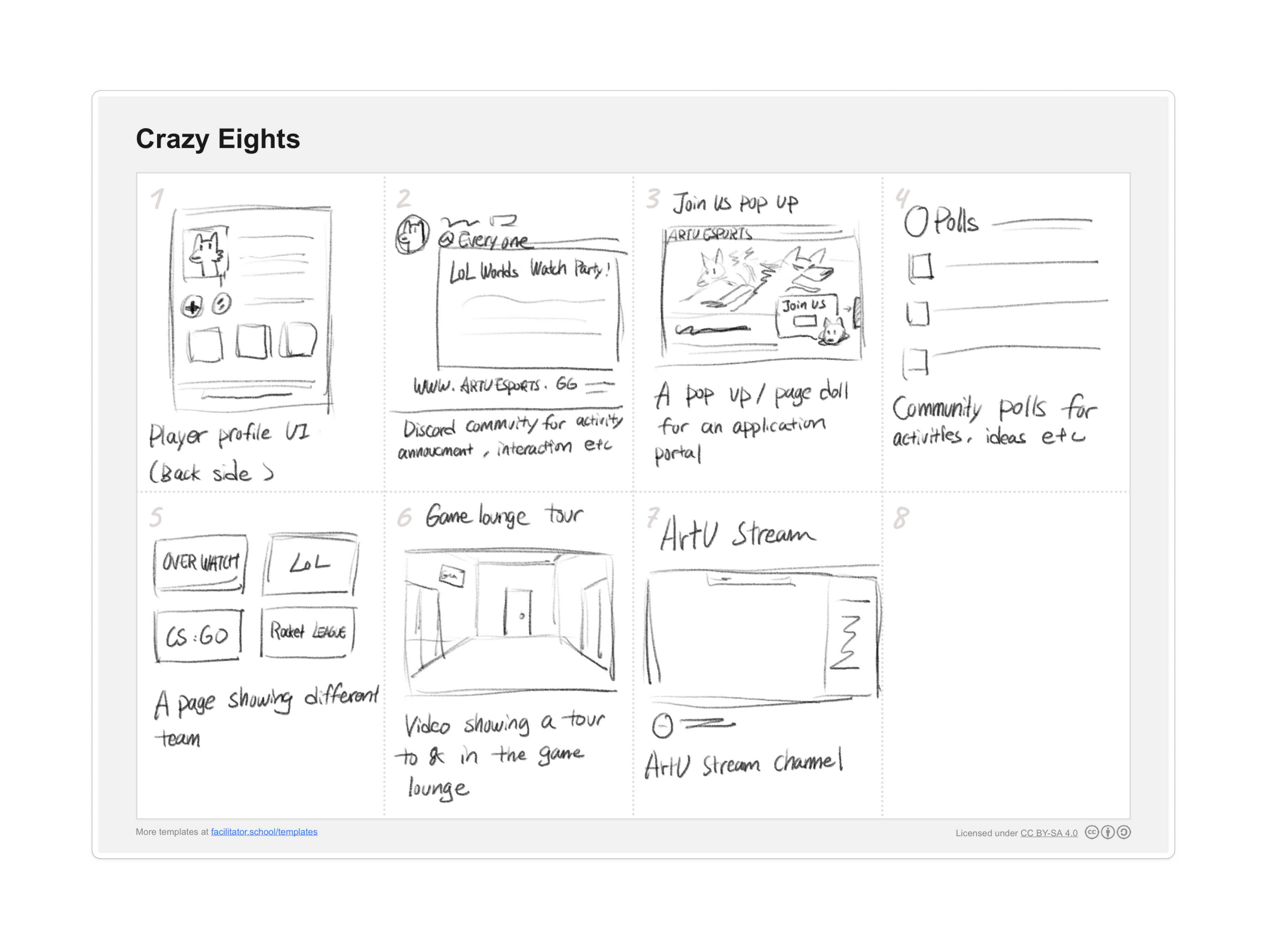 Crazy Eights ideation — player profile back, Discord watch party, join popup, polls, teams, lounge tour, and ArtU stream