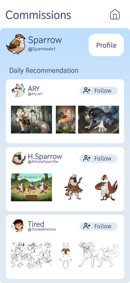 Finch commissions screen with daily artist recommendations