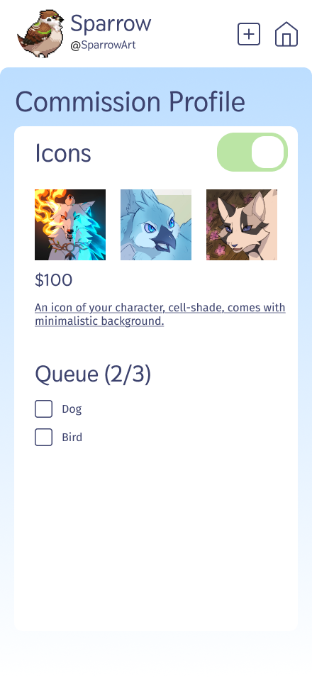 Finch commission profile screen with icons pricing and queue