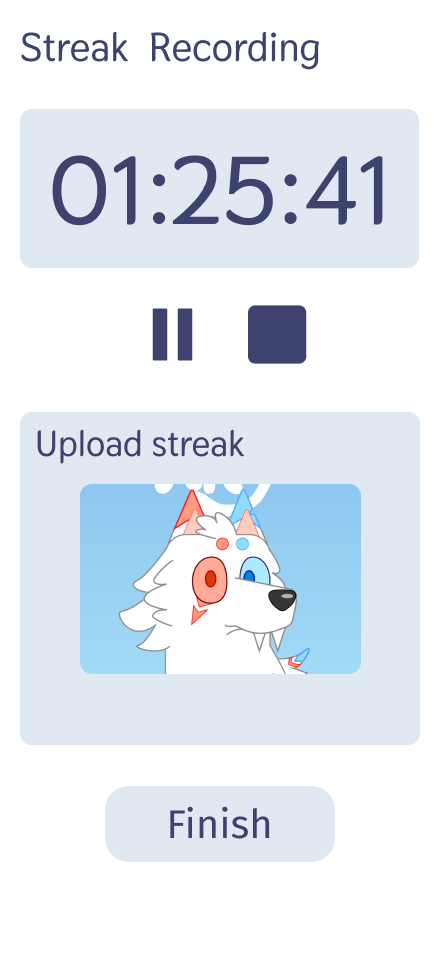 Finch streak recording screen with timer, upload area, and Finish button