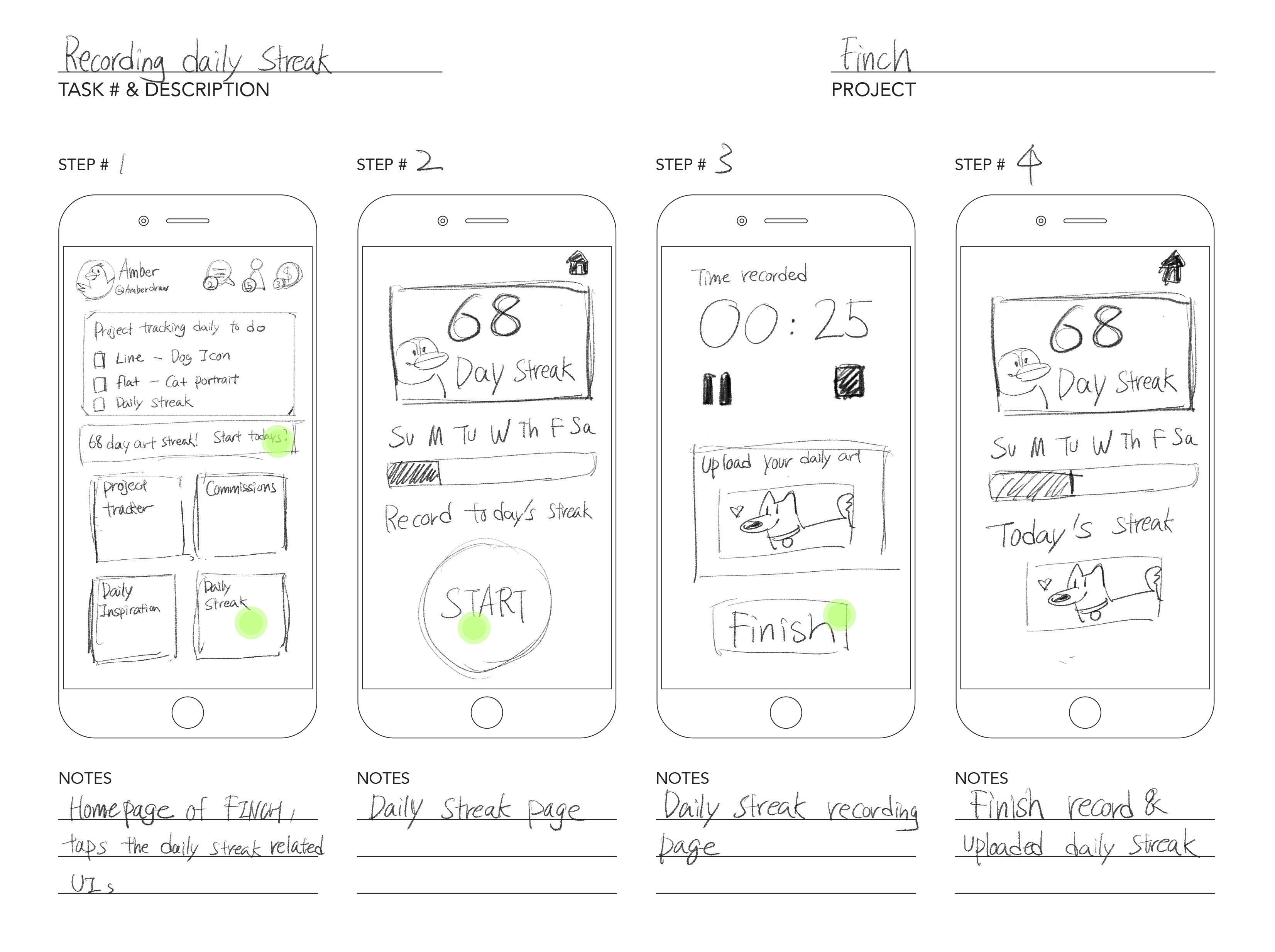 Finch daily streak sketch storyboard: homepage, streak page, recording session, and finished upload