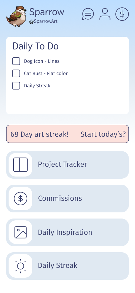 Finch home screen with daily to-do list, art streak banner, and navigation