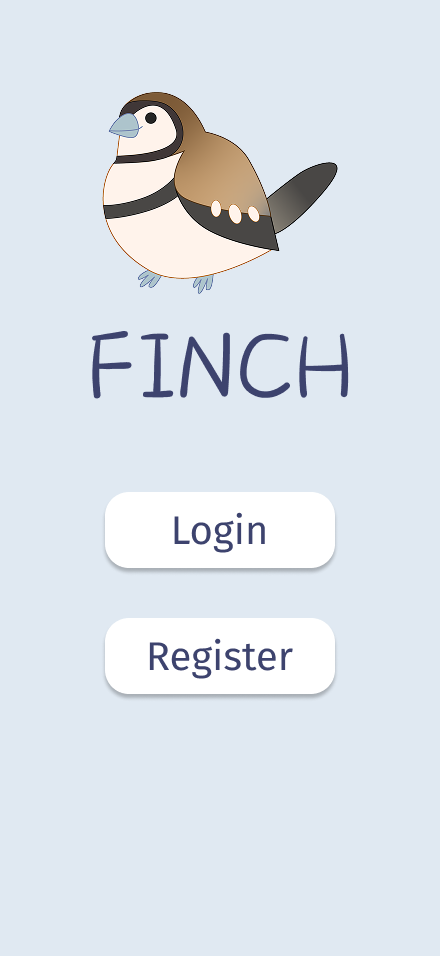 Finch login screen with bird logo and Login and Register buttons