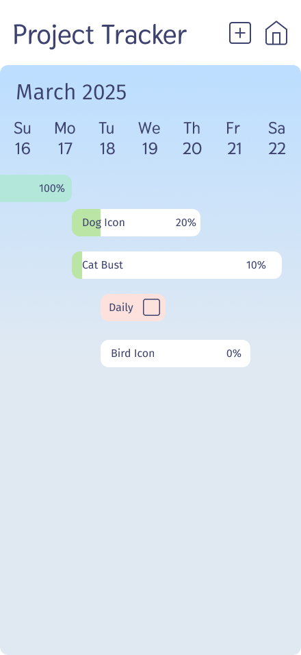 Finch project tracker screen with March 2025 calendar and project progress bars