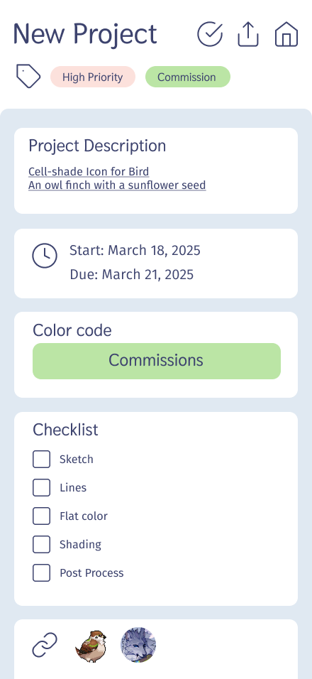 Finch new project screen with description, dates, color code, and checklist