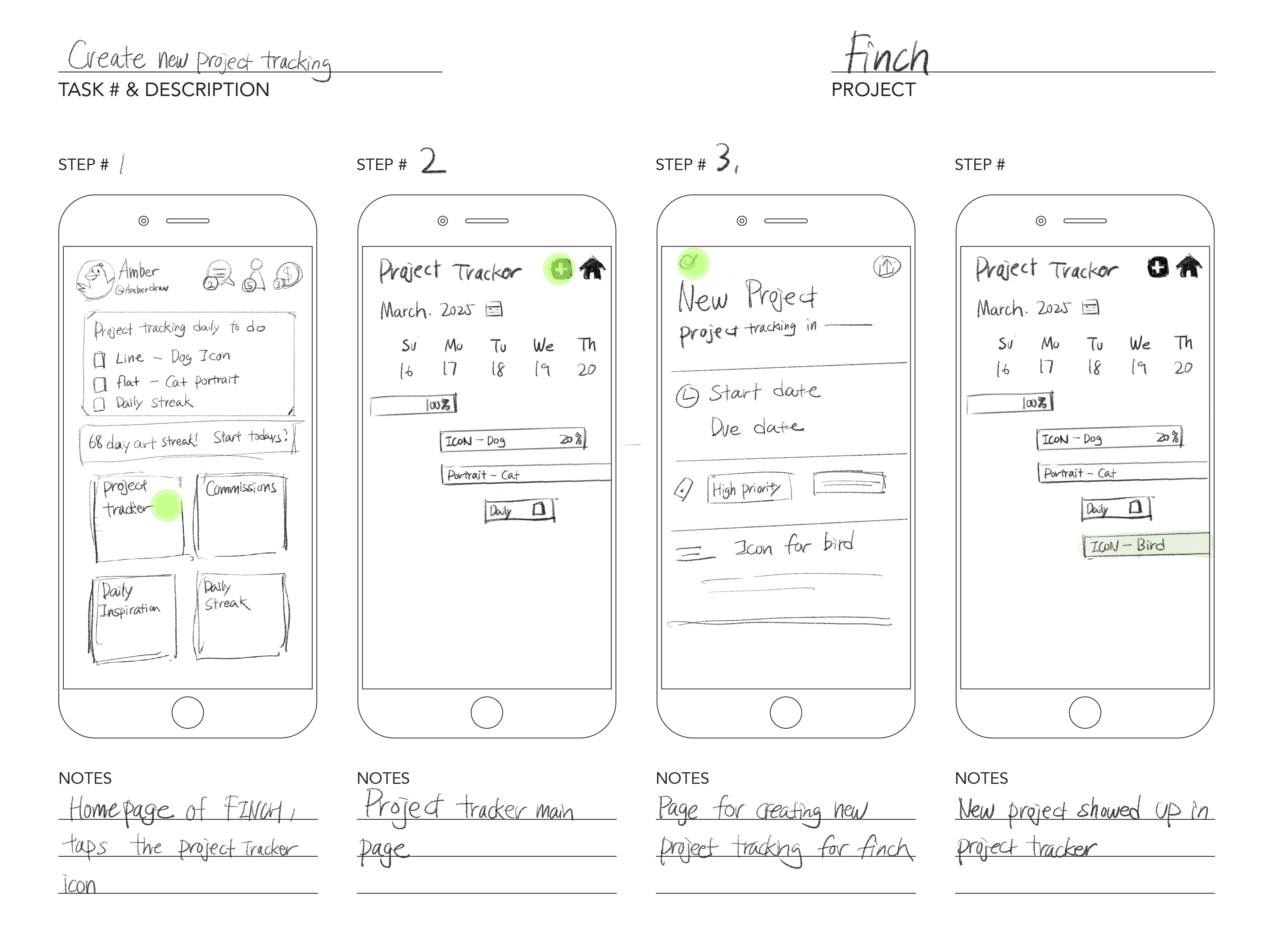 Finch project tracker sketch storyboard: homepage, tracker view, new project form, and updated project list