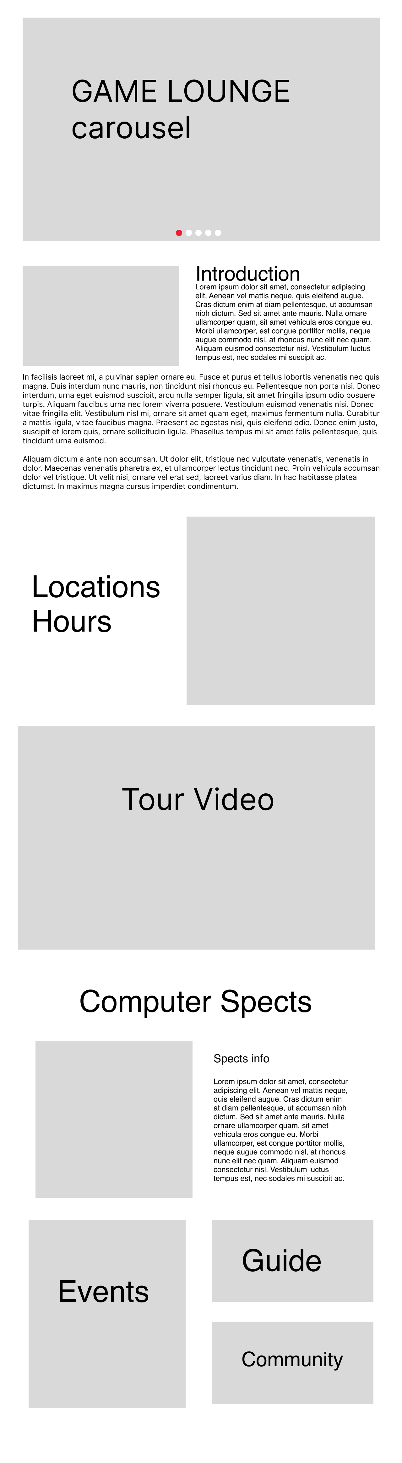 Game Lounge page wireframe — carousel, introduction, locations, tour video, specs, and events