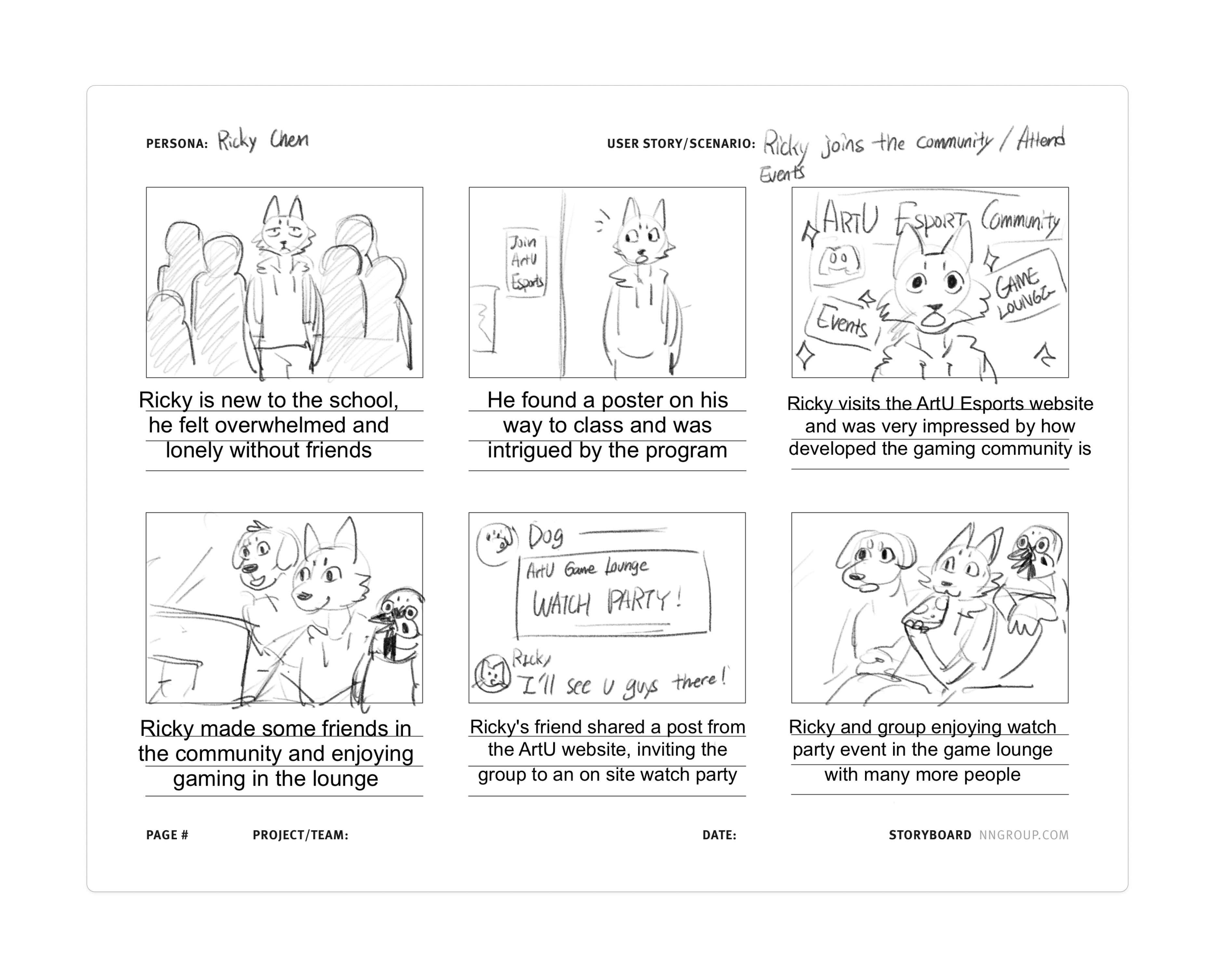 Ricky Chen storyboard — six panels from feeling lonely at school through joining ArtU Esports and attending a watch party