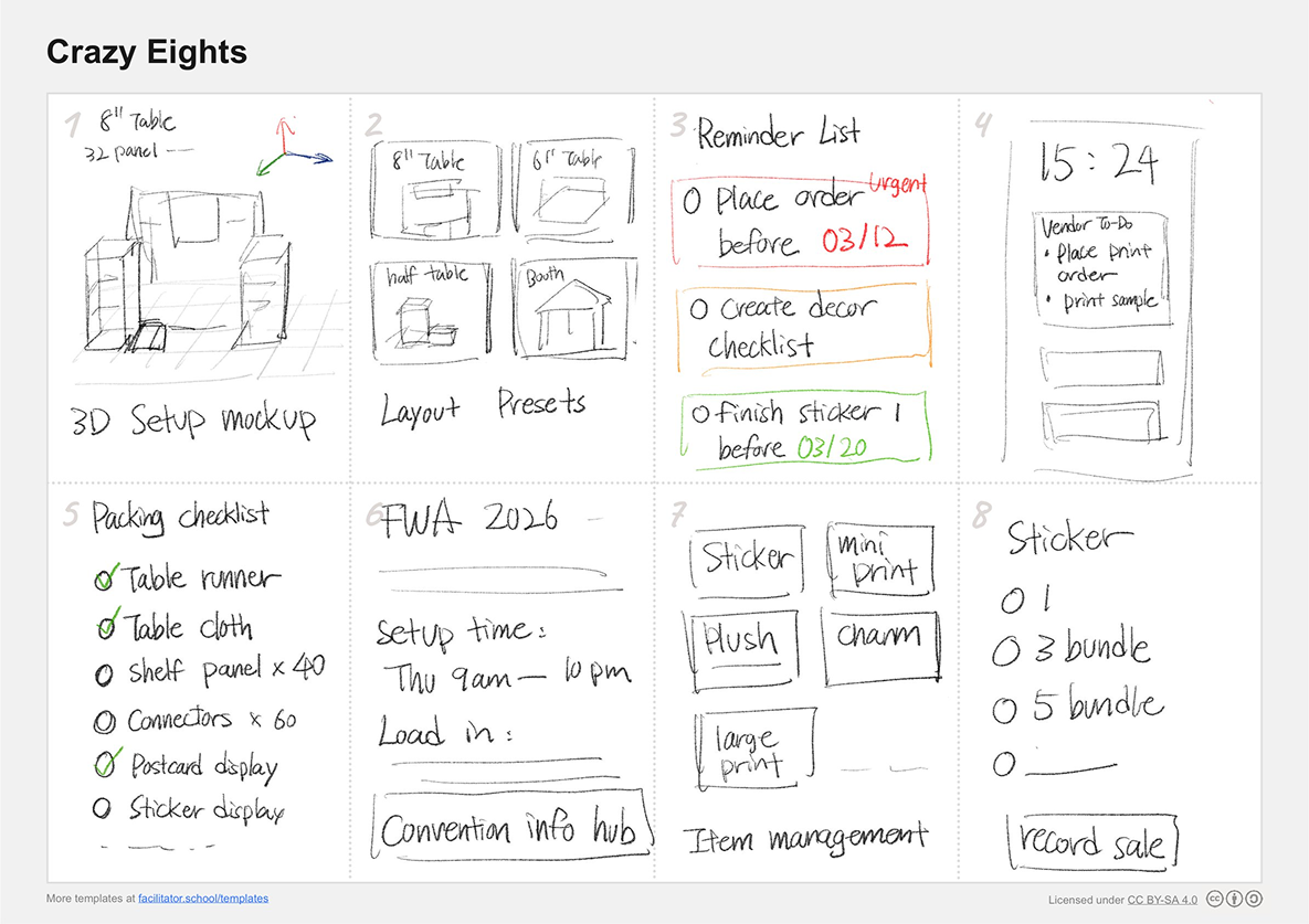 Crazy Eights ideation sketches — eight hand-drawn concepts for Vendor Flow