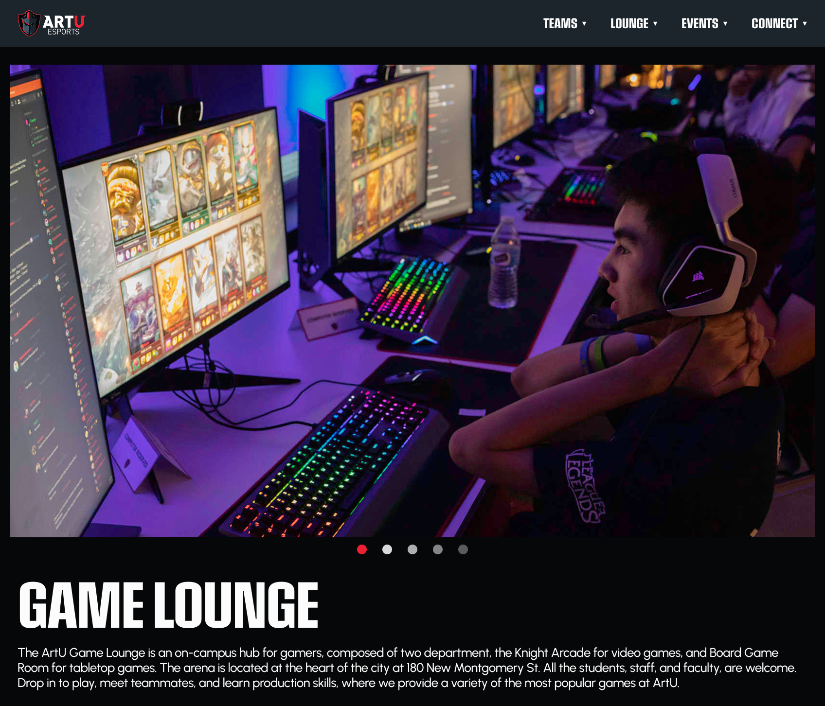 ArtU Esports website cover — Game Lounge hero with navigation, gaming lounge photo, and introduction