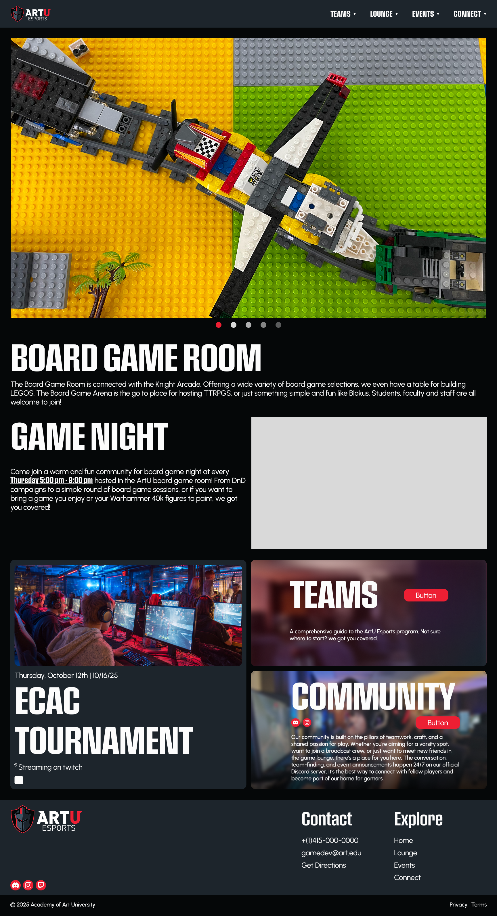 ArtU Esports Board Game Room hi-fi prototype — game night and community sections