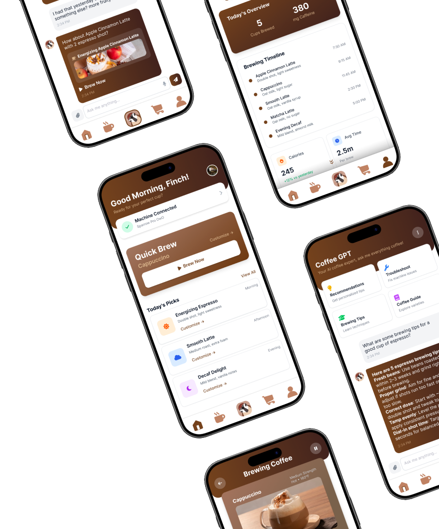 Coffee Bird app screens showing home, Coffee GPT, stats, and brewing views