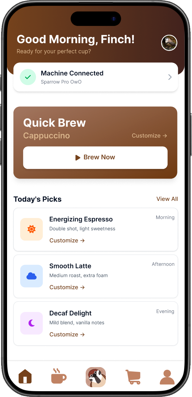 Coffee Bird prototype on phone: home screen with quick brew and today's picks