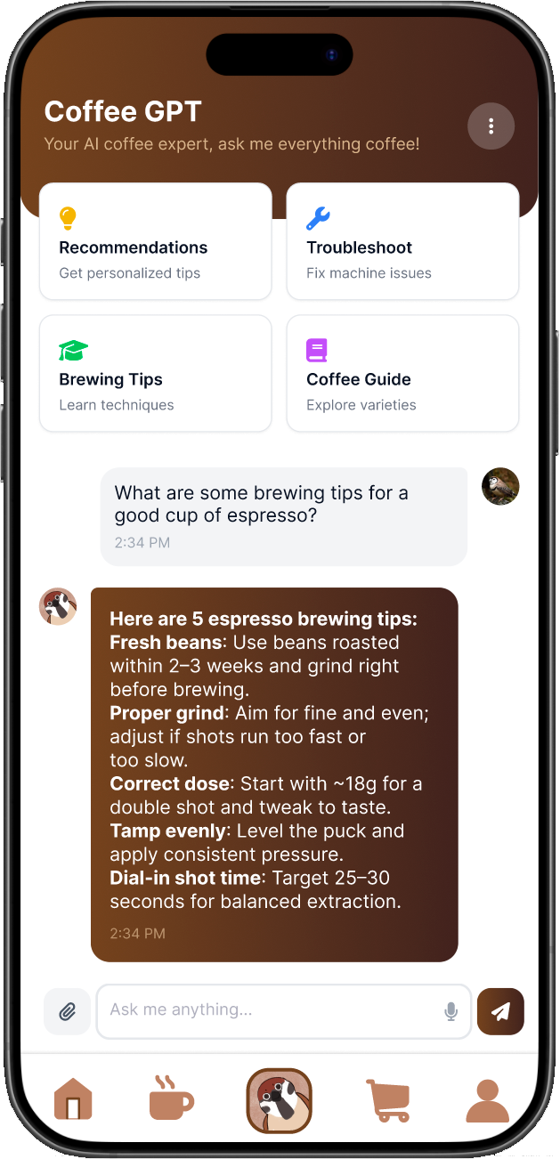 Coffee GPT screen with shortcuts and brewing tips conversation