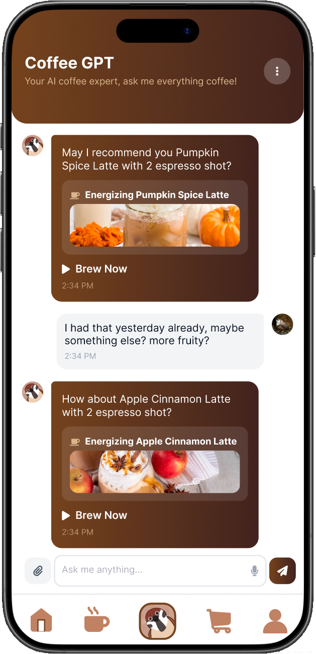 Coffee GPT screen with drink recommendations and brew now actions