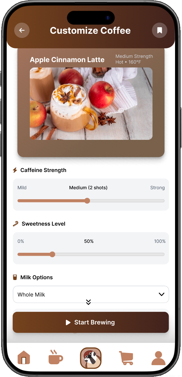 Coffee customization screen with strength, sweetness, milk, and temperature controls