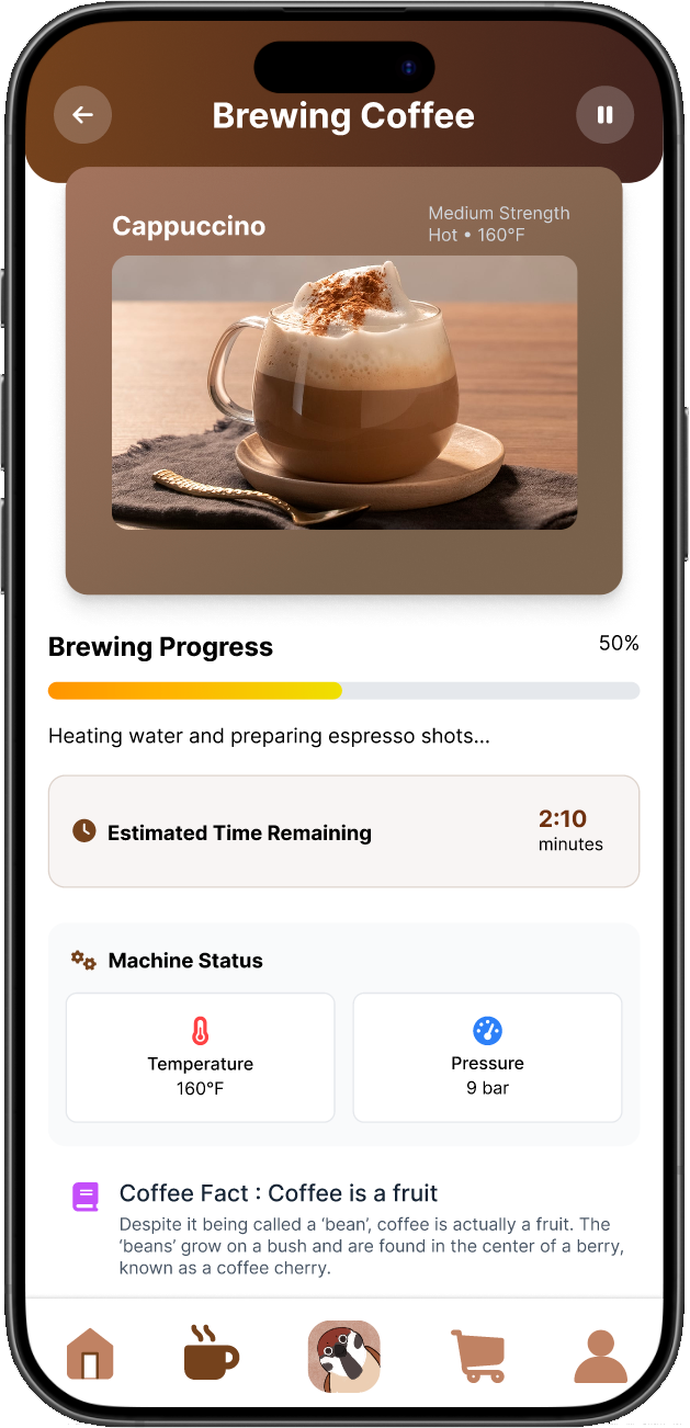 Coffee Bird brewing progress screen at 50% with machine status and coffee fact