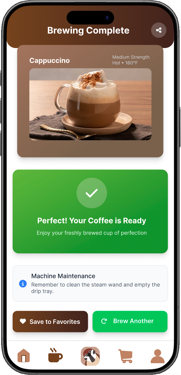 Coffee Bird brewing complete screen with save and brew another actions