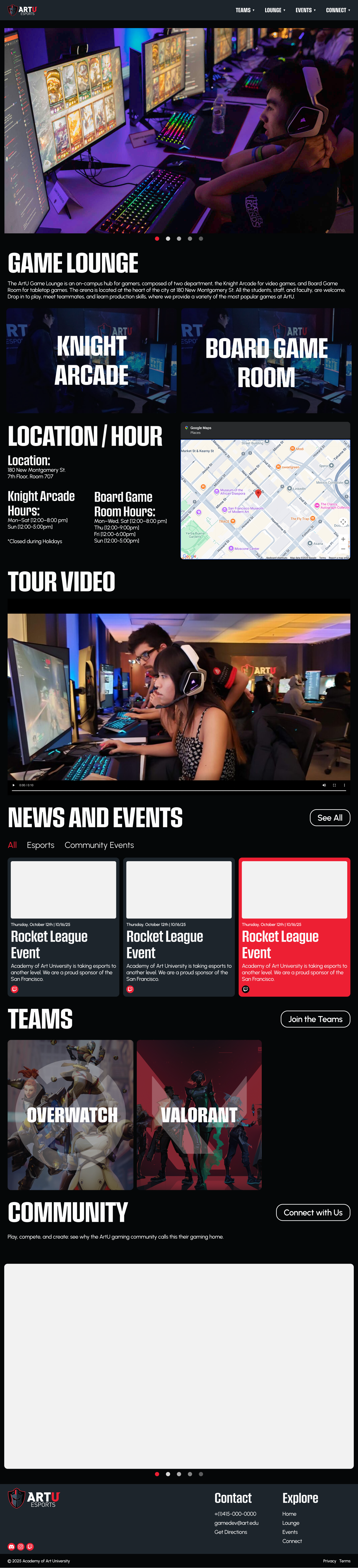 ArtU Esports Game Lounge hi-fi prototype — full page with news, events, teams, and community