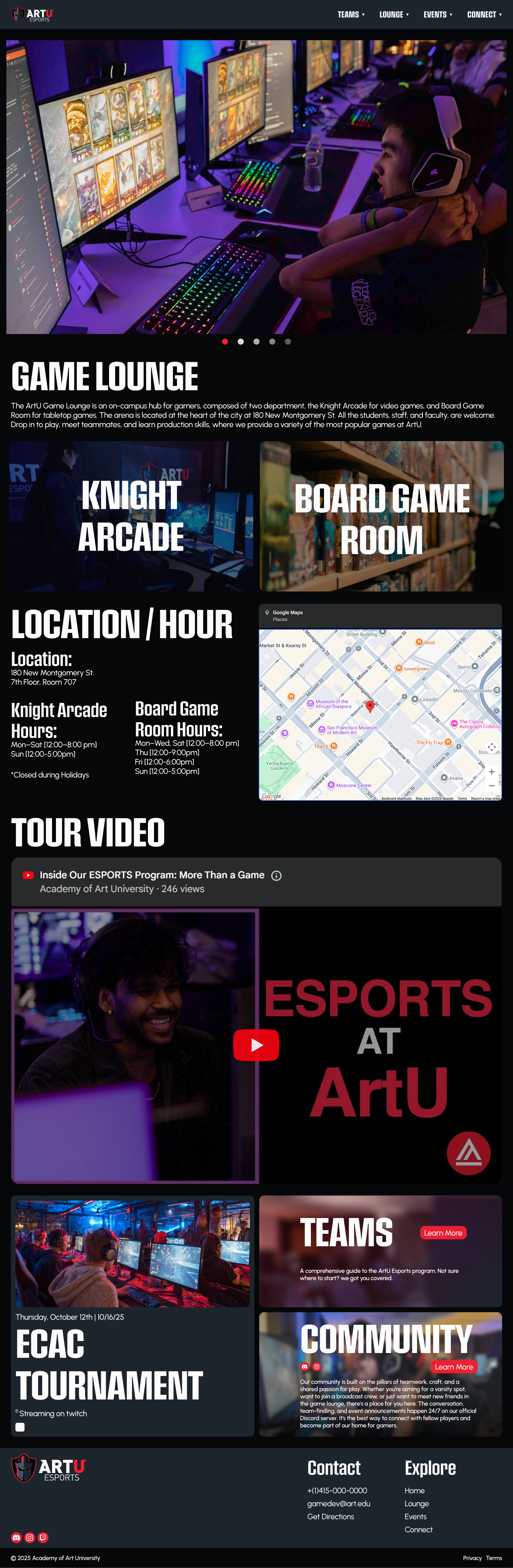 ArtU Esports Game Lounge hi-fi prototype — lounge overview with Knight Arcade and Board Game Room